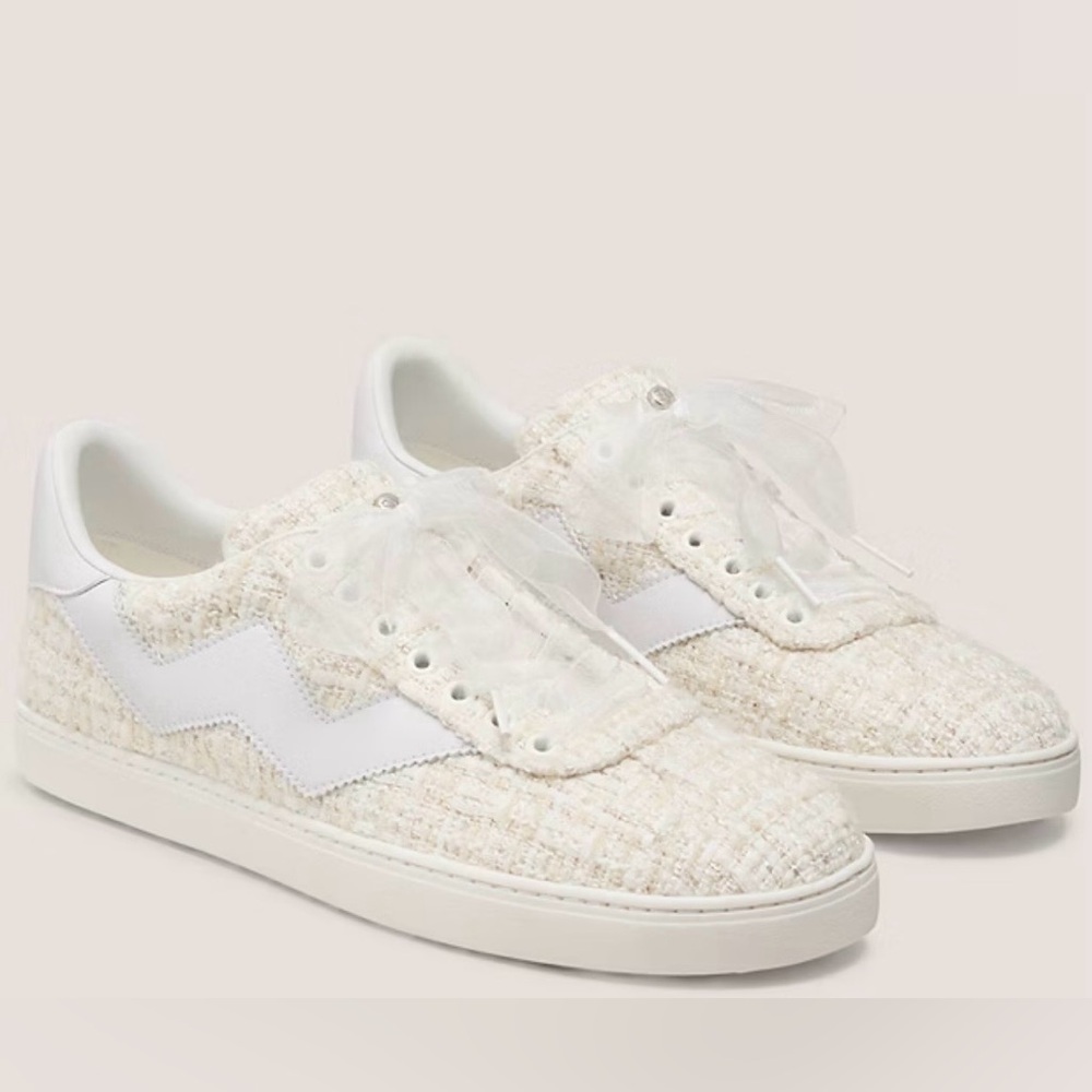 Stuart Weitzman NWT Daryl Cream White Tweed Leather Sneakers with Ribbon Laces